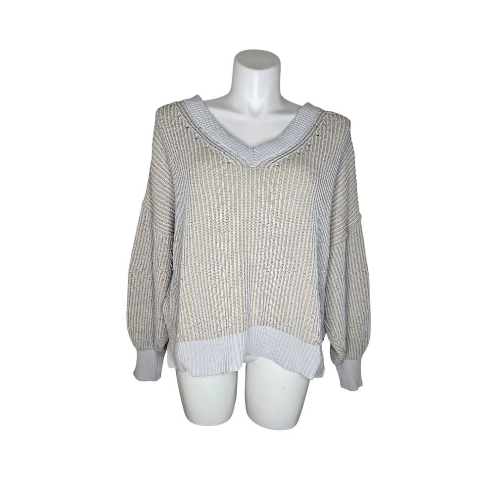 AERIE Oversized Distressed V-Neck Ribbed Pullover Sweater Size Large